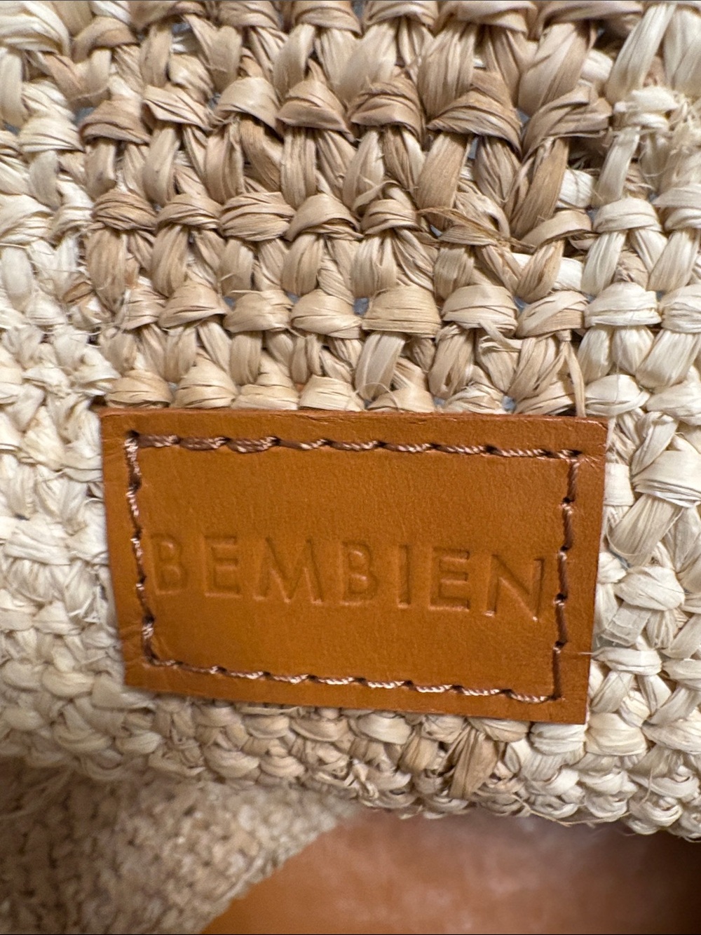 Bembien Woven Straw Tote Bag with Tan Handles - Natural Stripe - Picture 3 of 5